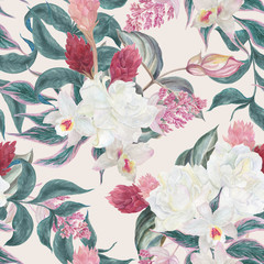 Seamless hand illustrated floral pattern with pink Medinilla Magnifica. Watercolor botanical background