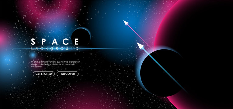 Creative space background with abstract shape and planets. Colorful space poster with text template. Vector infinite Galaxy background.