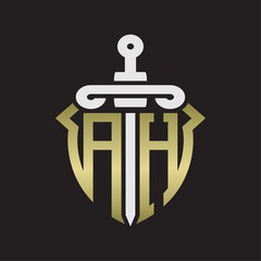 AH Logo monogram with sword and shield combination isolated with gold colors