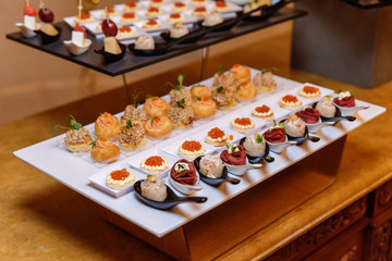 Trays with various delicious appetizer. Catering banquet table