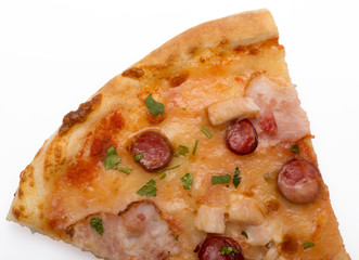 triangular piece of pizza on a white background