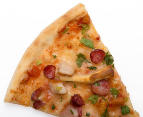 triangular piece of pizza on a white background