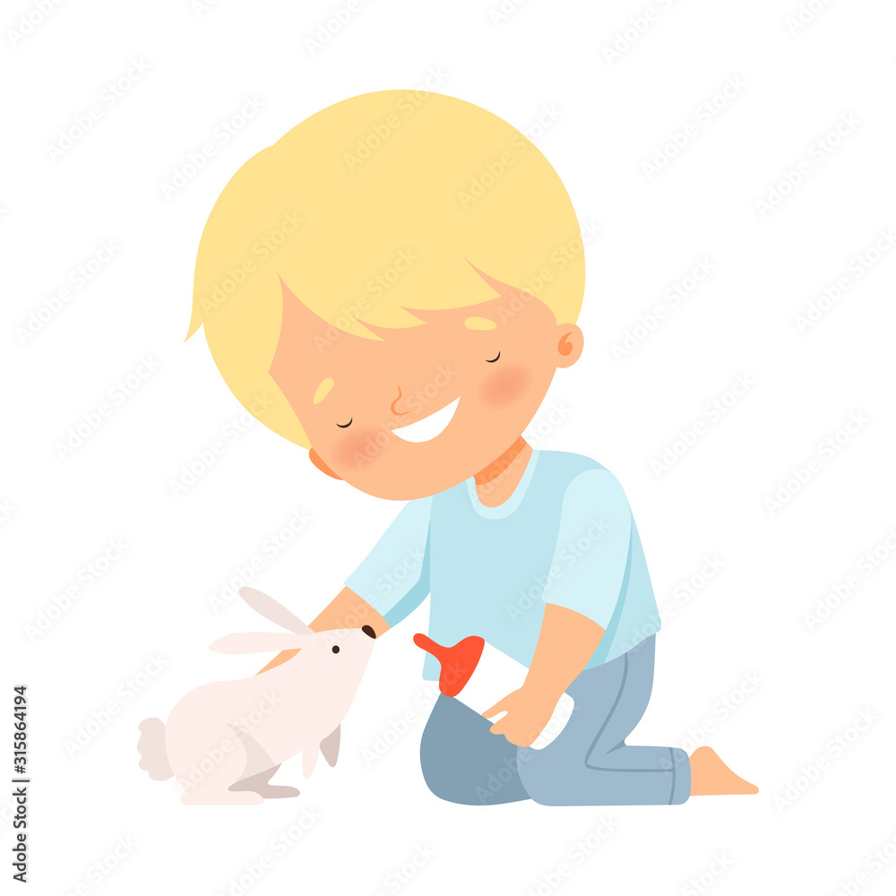 Sticker Little Boy Feeding His Fluffy Rabbit Isolated on White Background Vector Illustration