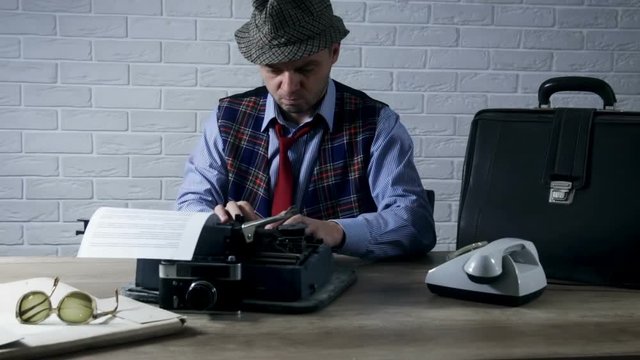 Detective or spy agent or police inspector concept.Reporter working late at night and proofreading his work