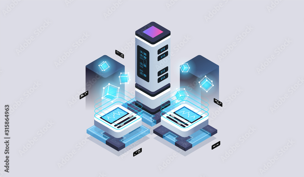 Poster Data analysis processing big data computing, information flow,digital science lab. Tech visualization concept. 3d isometric vector illustration.