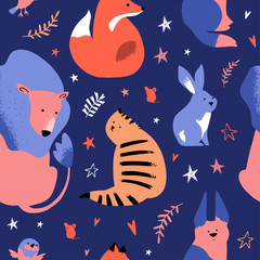 Seamless Animal Pattern, Cute Cartoon Vector Illustration. Lion, fox, cat, dog, bird, mouse, rabbit. Can be used for textile, poster, wallpaper, birthday card.