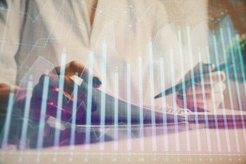 Financial chart drawn over hands taking notes background. Concept of research. Multi exposure