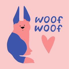 Cartoon dog illustration. Domestic animal, cute character. Isolated vector card with quote woof woof. Can be used for baby shower, birthday, party invitation, poster