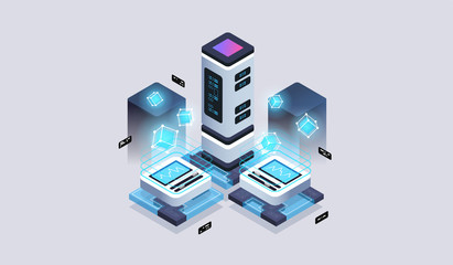 Data analysis processing big data computing, information flow,digital science lab. Tech visualization concept. 3d isometric vector illustration.