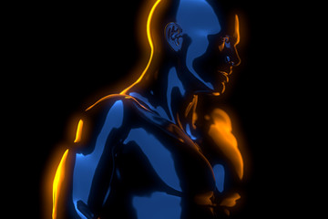 Male torso made of glass or black metal. He have pain and holds his back. Isolated on black background. 3d rendered medical illustration. closeup shot