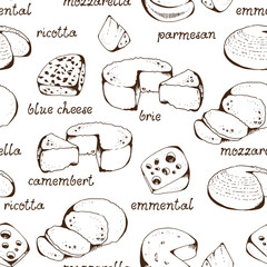 Fototapeta premium Cheese collection seamless vector pattern, isolated on white background, blue cheese, emmental, camembert, mozzarella, ricotta, parmesan with hand drawn text