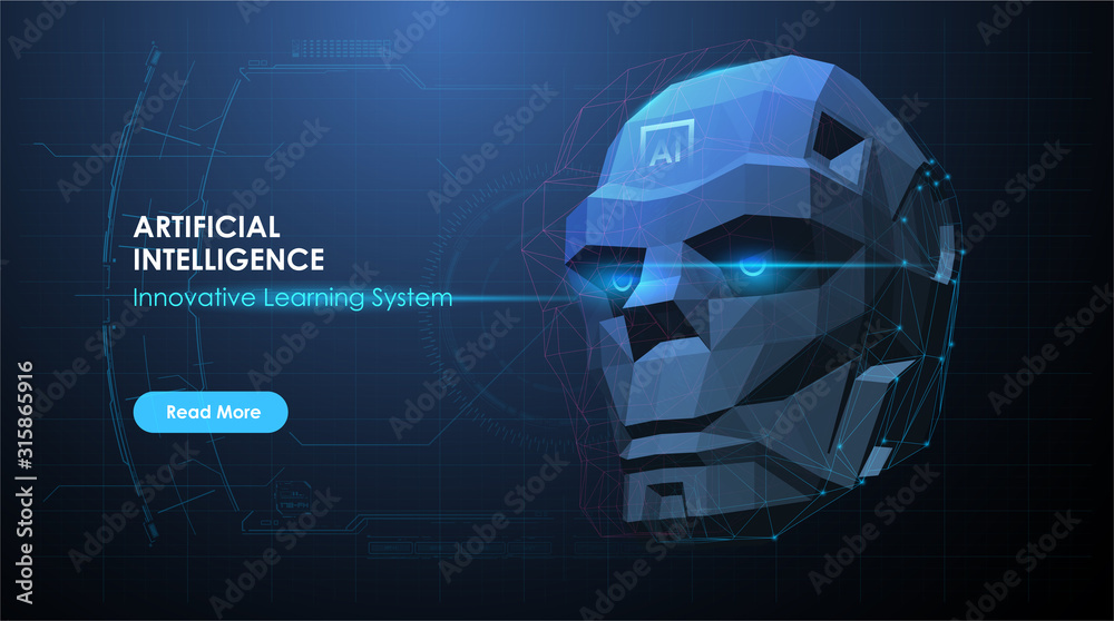 Poster abstract digital ai face. robot head in digital computer interpretation. robotics concept with hud f