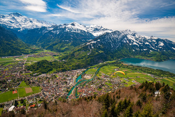 Breathtaking aerial view over Interlaken and Swiss Alps from Harder Kulm View point, Switzerland