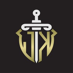 JK Logo monogram with sword and shield combination isolated with gold colors