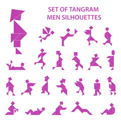 Set of vector tangram puzzles (geometric puzzle) for the development of logical thinking of children and adults. Collection of 23 monochrome men silhouettes. Vector illustration