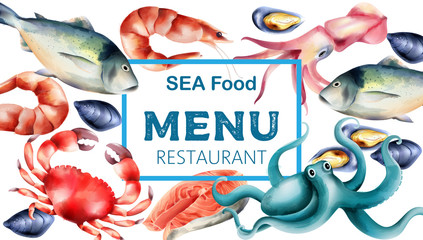 Watercolor sea food menu with fresh fish and mollusc