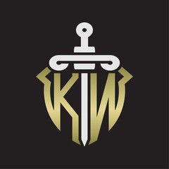 KN Logo monogram with sword and shield combination isolated with gold colors