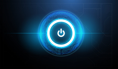 Tech futuristic technology background with power button. Abstract technology ui concept with futuristic hud elements.