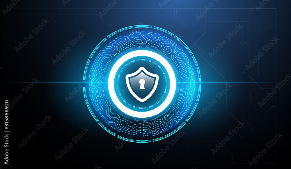 Poster shield protect icon. hud circles and shield icon of cyber security, digital data network protection.