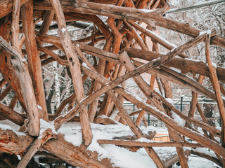 Parts of a wooden hut, bending branches, handmade, winter children's entertainment, fairytale town, wooden craftsman