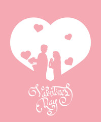happy valentines day with couple in heart silhouettes