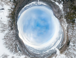 360 degree panoramic aerial drone little planet view of an abstract snow world turned inside out...