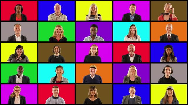 4K: Collage of Multiple people portraits in Squares on Grid – Diverse and mixed ages on Multi-Coloured background - Stock 4K Video Clip Footage