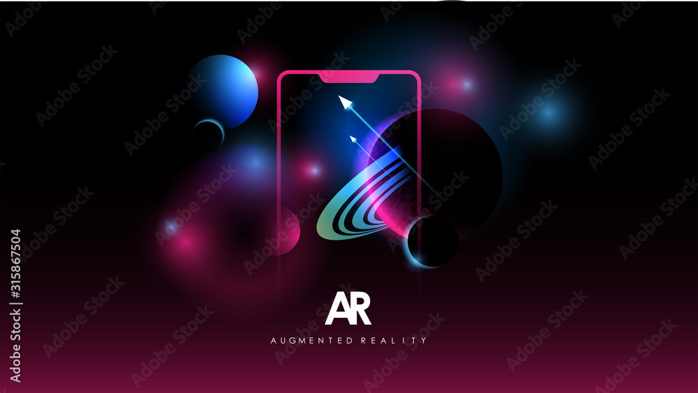 Poster concept of future visual simulation via smartphone. augmented reality concept with space background.