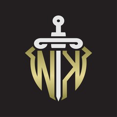NK Logo monogram with sword and shield combination isolated with gold colors