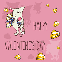 postcard mouse stands with flowers with hearts in the shape of a candy box on a pink background vector