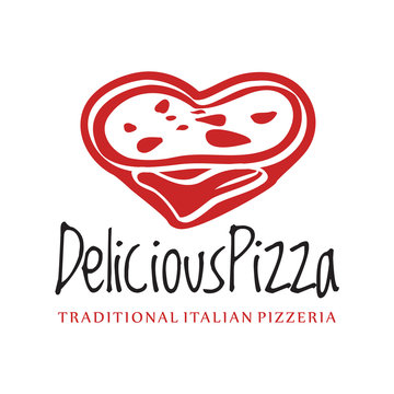 Delicious Pizza Logo Template. The hand of the chef is making a delicious pizza in the italian traditiona way, throwing the pizza dough in the air and forming the shape of a heart.
