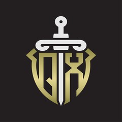 QX Logo monogram with sword and shield combination isolated with gold colors