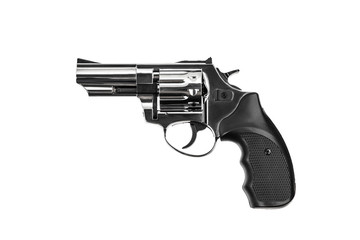 silver gun revolver isolate on white background. Weapons for sports and self-defense.