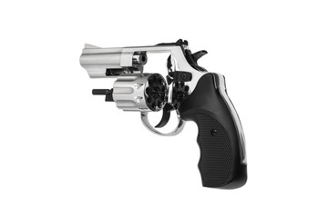 silver gun revolver isolate on white background. Weapons for sports and self-defense.