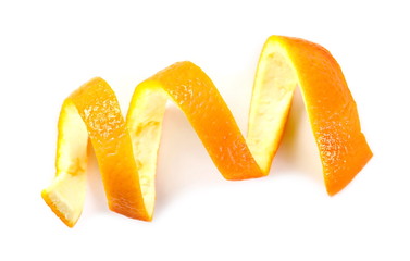 Swirly orange peel isolated on white background, top view