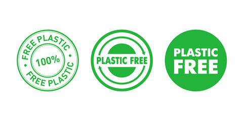 Set of plastic free green badges. Eco friendly concept design elements. Vector illustration.