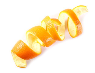 Swirly orange peel isolated on white background, top view