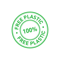 Plastic free green sticker. 100 percent free plastic certificate emblem label. Vector illustration.