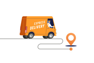 Express delivery truck with man is carrying parcels on points. Vector illustration. © faber14