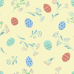 Happy Easter egg background. Paschal bunny. Yellow Easter eggs seamless pattern. Holidays banner. Easter celebration blush flowers. Gift wrap wallpaper. Blossom April decorative floral composition. 