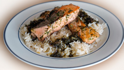 delicious roasted salmon filet with rice