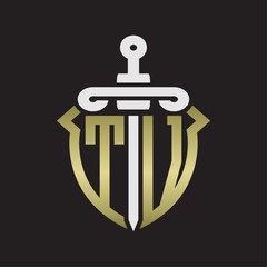 TV Logo monogram with sword and shield combination isolated with gold colors