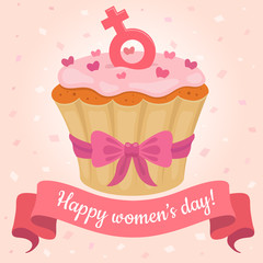 happy women card with cupcake and hearts on pink background