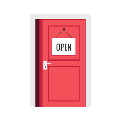Opening red door. Vector illustration.
