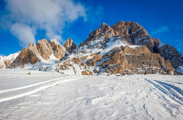 A view of Mount Cristallo during winter season, a ski resort in Cortina d'Ampezzo, Italy