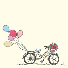 Valentines holiday card. Hand drawn cute bicycle and balloon, vector and illustration.