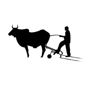 recommend clip art: silhouette man ploughing the land on white background