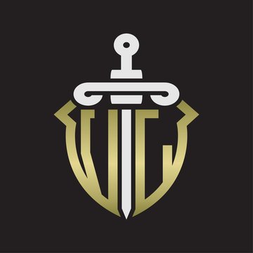 VL Logo monogram with sword and shield combination isolated with gold colors