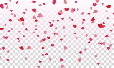 Pink and red hearts confetti falling effect isolated on transparent background. Vector symbols of love elements for Valentine day, wedding greeting card design..