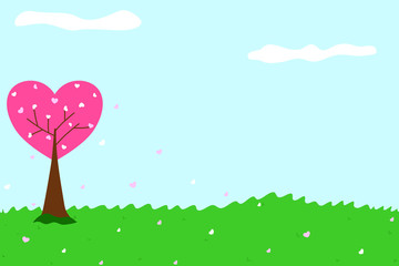 Hand drawing. Cute pink heart tree with green grass on blue sky and cloudy. Doodle cartoon. Copy space for any text design. Spring, summer, autumn. Valentine's day. 